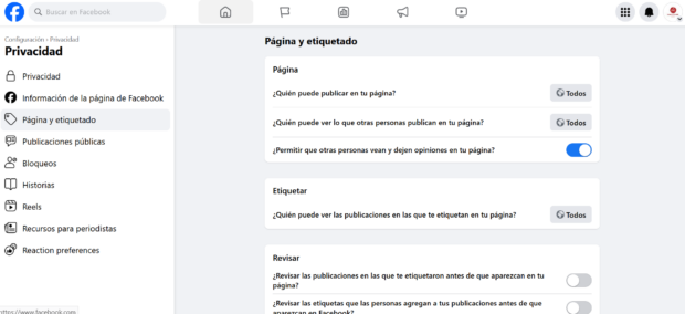 Página de configuración de privacidad y etiquetado