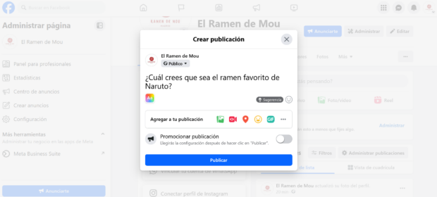 Paso 11. ¡Empieza a publicar!
Tus sueños se han hecho realidad. Has creado una página de empresa de Facebook. Y ahora ha llegado el momento de publicar contenido en ella.
Puedes publicar en una página igual que lo harías en tu propio perfil. Utiliza texto, añade fotos, comparte enlaces, haz encuestas o, transmite en directo si te atreves.
Tenemos una guía completa sobre marketing en Facebook aquí, pero el resumen es: ofrece valor a tus seguidores, no sólo un discurso de ventas constante.
Intenta entretener, informar o inspirar. Para empezar, prueba estas 16 ideas para publicaciones en Facebook y verás cómo empiezan a llegar los "me gusta" y los "compartir".