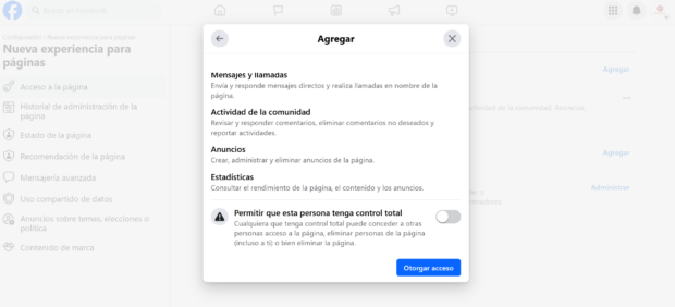 Ventana para agregar a una persona colaboradora en la página de Facebook