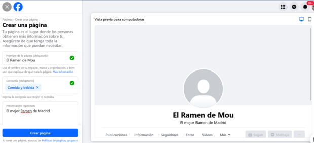 Crear una página de Facebook para un restaurante de Ramen en Madrid